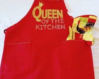 Rot und Gold Glitzer Strass Küchenschürze "Königin der Küche" Verstellbarer Halsriemen, Kochschürze