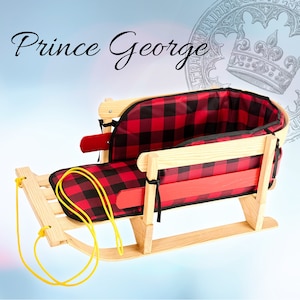 Presidents Day Sale - Handcrafted in Canada Wood Snow Sled with Cushion Seat and Pull Rope,  Premium Canadian Ash Hardwood, Heirloom Quality