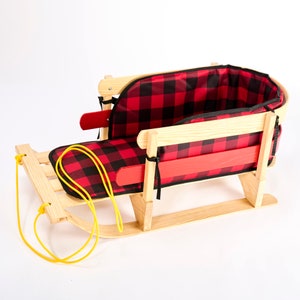 Presidents Day Sale - Made in Canada Handcrafted Wooden Snow Sled with Cushion Seat and Pulling Rope,  for Babies and Toddlers