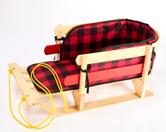Handcrafted Wooden Snow Sled with Cushion Seat and Pulling Rope,  Made of Premium Canadian Ash Hardwood, Steam Bent for Heirloom Quality
