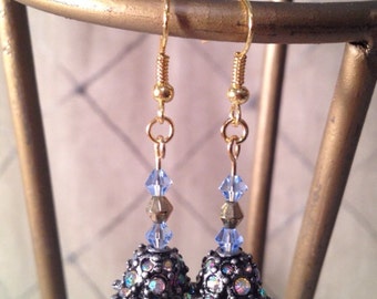 Blue and Gold Hanging Flower Earrings