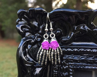 Rose Embellished Skeleton Hand Earrings