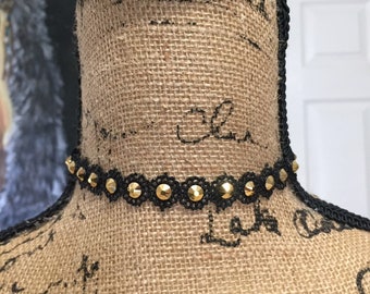 Black Lace Choker with Gold Crystals