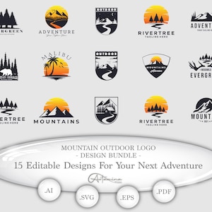 Mountain Logo Bundle – Editable Outdoor Adventure Logo Set – Wilderness, Hiking, Nature Badges