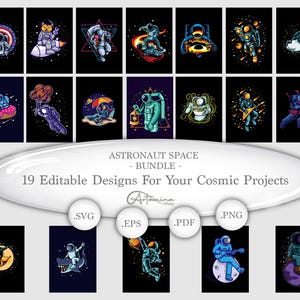 Paquete de 19 diseños de camisetas de astronautas / Archivos clipart: EPS, PDF, SVG, PNG / Compatible con Cricut y sublimación. Dibujos animados del espacio, descarga digital, DTF