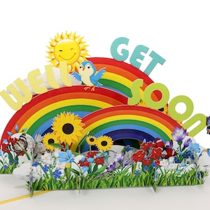 Lot de 2 cartes de vœux pop-up – cartes de remerciement et de rétablissement 3D faites main – typographie colorée et motifs de jardin arc-en-ciel