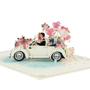 Carte de mariage pop-up 3D Just Married - Carte de voeux de voiture faite main pour les jeunes mariés - Cadeau unique de fiançailles ou de jeunes mariés