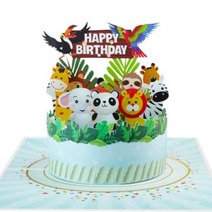 3D pop-up verjaardagskaart jungledieren – Leuke safarifeestkaart voor kinderen – Handgemaakte verrassing met dierentuinvrienden en taartbodem