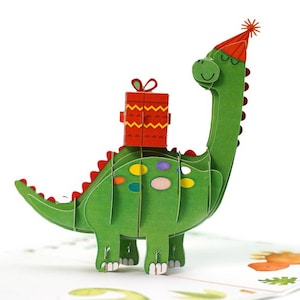 Carte d'anniversaire dinosaure pop-up 3D - Carte de fête amusante pour enfants - Surprise jurassique faite main avec un dinosaure mignon et des cadeaux