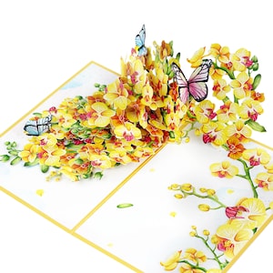 3D pop-up orchideeënwenskaart – gele vlinderbloemen – handgemaakte bloemenkaart voor verjaardag, Moederdag, jubileum