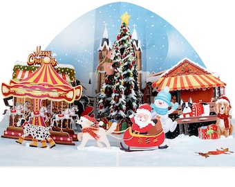 3D Pop Up Christmas Card: Winter Village Scene, Santa & Tree