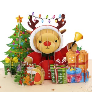 2er-Set Pop-Up-Weihnachtskarten - Handgefertigte 3D-Weihnachtsgrußkarten - Laternen- und Rentier-Designs