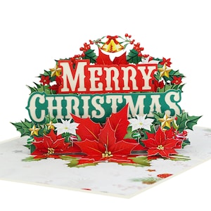 Tarjeta desplegable de Feliz Navidad – Saludo navideño en 3D – Tarjeta navideña hecha a mano con flor de Pascua