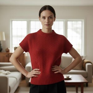 May include: A short-sleeved, brick-red sweater with a textured knit pattern. The sweater has a mock neck and is paired with black trousers. The model is standing in a well-lit living room with neutral-toned furniture.