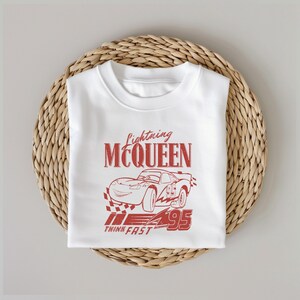 Lightning McQueen Retro Line Art T-Shirt, Think Fast 95 Single Color Tee, Classic Pixar Cars Shirt for Boys, Fans & Vintage Style Lovers