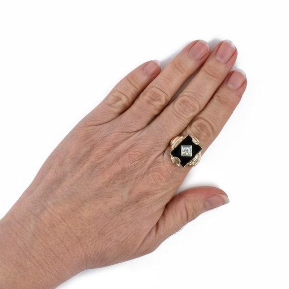 1940s Diamond Onyx Signet Ring, Vintage, 10k Yell… - image 7