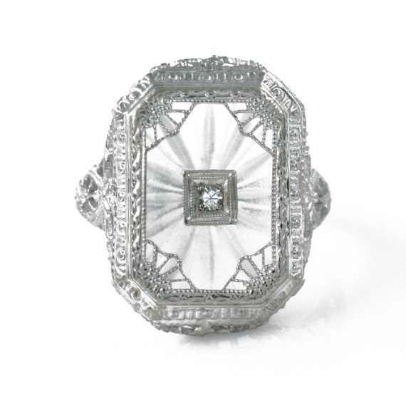 Filigree Camphor Glass Diamond Ring, 10k White Go… - image 1