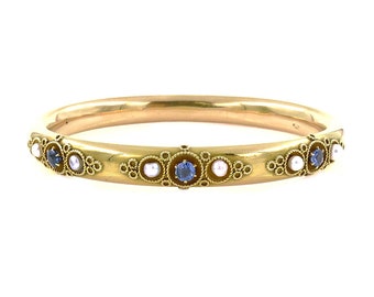 Day Clark & Co. Antique Sapphire Pearl Bangle, Gold, Vintage, Estate, Hinged Bangle