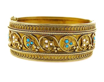Hinged Etruscan Gold Bangle Bracelet, Vintage, Estate, Wide
