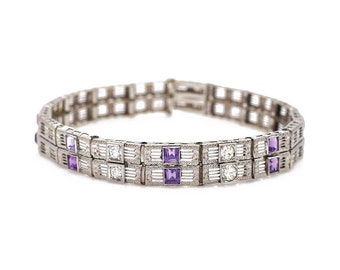 Diamond Amethyst Filigree Bracelet, 14k White Gold, Art Deco Style, Vintage, Antique, Estate, February Birthstone