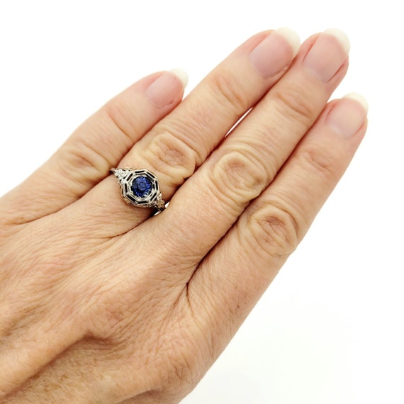 Art Deco Blue Sapphire Ring - Filigree, Vintage, … - image 6