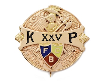 Knights of Pythias Veteran Brooch Pin, 14k Gold, Antique, Estate, Fraternal, Engraved