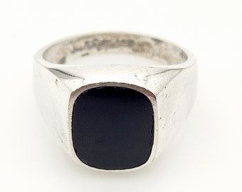 Black Onyx Signet Ring, Sterling Silver, Mexico, Large Size, Vintage, Estate