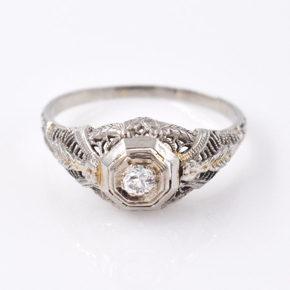 18K White Gold Filigree Diamond Solitaire Ring - … - image 1