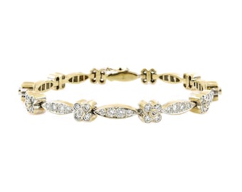 Diamond Flower Bracelet, 2.90cttw, 14k Yellow and White Gold, Vintage, Estate, Navette