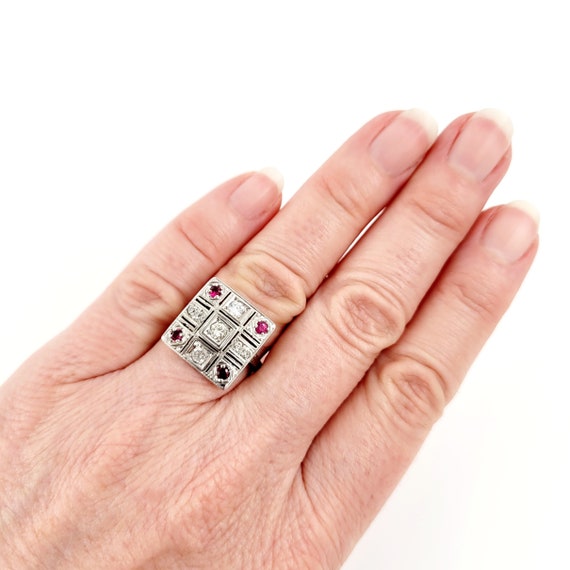 14k White Gold Art Deco Diamond Ruby Ring - Squar… - image 6