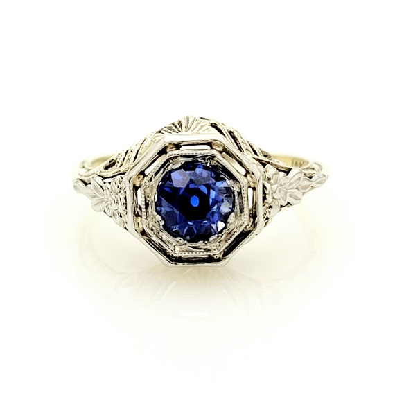 Art Deco Blue Sapphire Ring - Filigree, Vintage, … - image 1