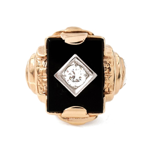 1940s Diamond Onyx Signet Ring, Vintage, 10k Yell… - image 1