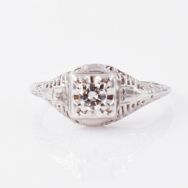 Antique Filigree Basket Setting 14K White Gold Diamond Ring - Estate, Vintage, Timeless, Wedding, Engagement