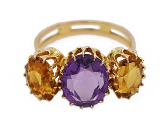 Antique Amethyst Citrine Ring, Three Stone, 14k Yellow Gold, Vintage, Estate