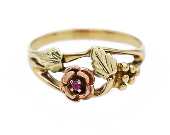 Tri-Color Gold Ruby Rose Ring, 10k, Vintage, Estate, Flower, Leaves, Grapes