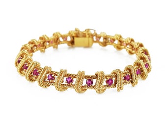 Twisted Gold Wire Ruby Bracelet, Vintage, Estate, 14k Yellow Gold, July Birthstone