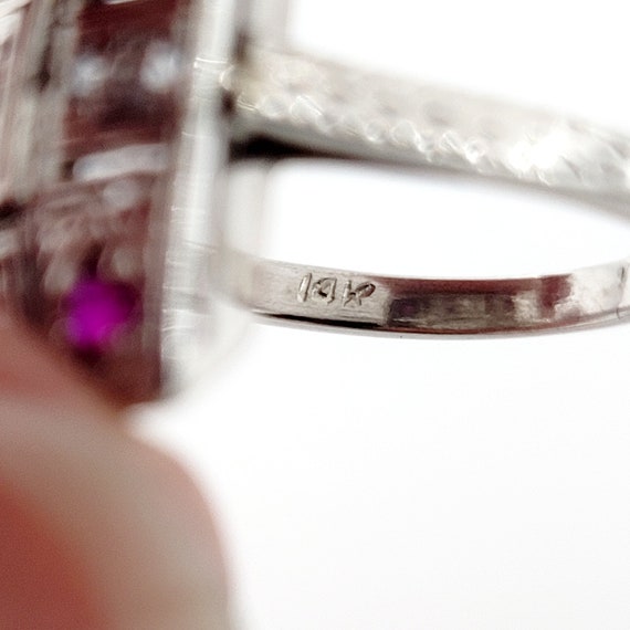 14k White Gold Art Deco Diamond Ruby Ring - Squar… - image 5
