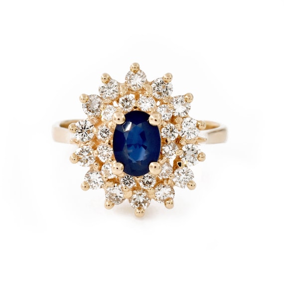 Sapphire Diamond Double Halo Ring, 14K Yellow Gold