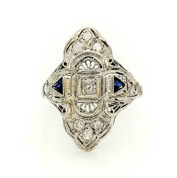 Antique Filigree Diamond Sapphire Ring 18k White G