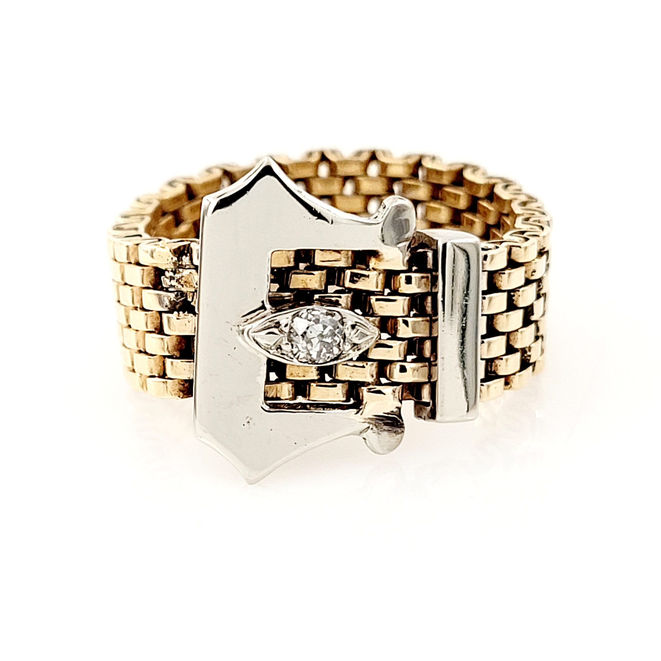 14K Gold Vintage Mesh Diamond Buckle Ring