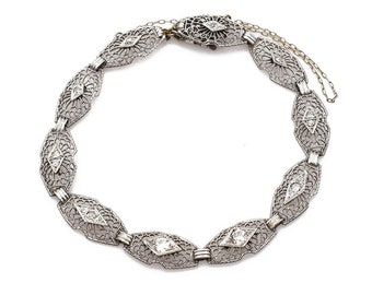 Fancy Link Filigree Diamond Bracelet, 14k White Gold, Vintage, Estate, Marquise