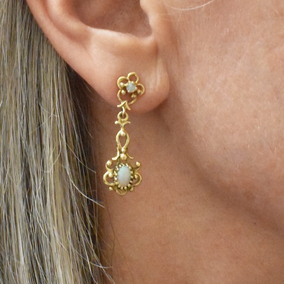Opal Dangle Earrings 14k Yellow Gold - Estate, Vi… - image 6