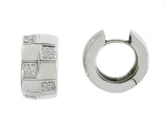 Checkerboard Diamond Gold Huggie Earrings, White Gold, Vintage, Estate, April Birthstone