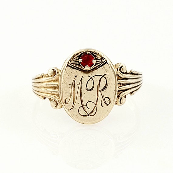 10k Yellow Gold Monogrammed Ring With Red Stone Accent Etsy