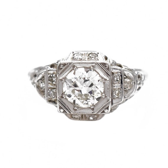 Filigree Antique Diamond Engagement Ring, 18k Whi… - image 1