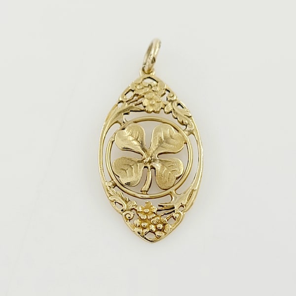 4-Leaf Clover Forget-Me-Not Pendant Charm, 14k Yellow Gold, Shamrock, St. Patrick's Day, Good Luck, Estate, Vintage, Flower