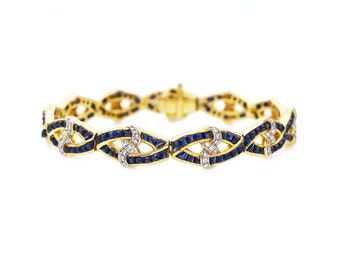 Le Vian Sapphire Diamond Bracelet, 14k Yellow Gold, Vintage, Estate, Infinity, Blue and White, Designer Signed