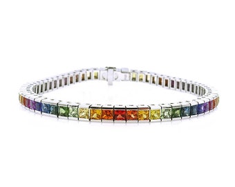 Rainbow Sapphire White Gold Bracelet, Vintage, Estate, Multi-Colored, Straight Line, Tennis