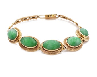 Oval Green Jade Gold Bracelet, 14k Yellow Gold, Vintage, Estate, Flower