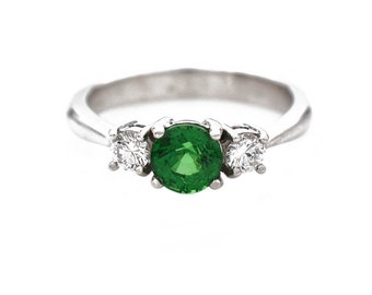 Round Tsavorite Garnet Diamond Ring, 14k White Gold, January Birthstone, April Birthstone, Green Gemstone